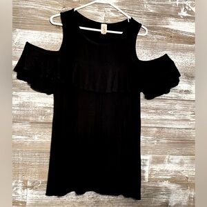 Black, ruffled, peek a boo shoulder tee, size medium